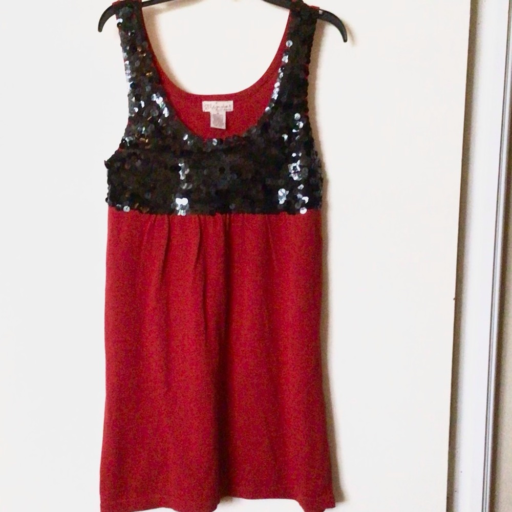 Glimmer by JJ Basics Ladies Red Cotton Blend Dress with Black Sequins, Size M
